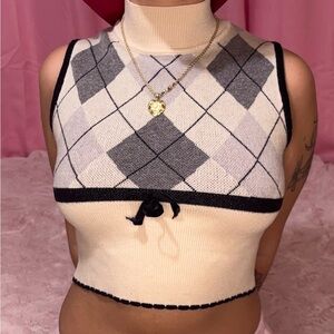 Argyle Knit Crop Top with Bow Accent